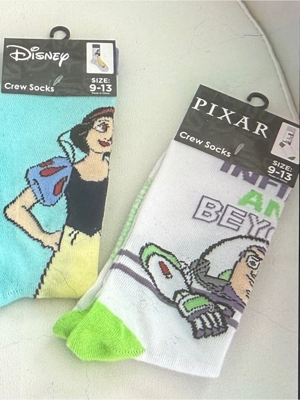 Novelty Crew Socks Pack of 2 pair Disney Snow White , Pixar Buzz Lightyear NWT